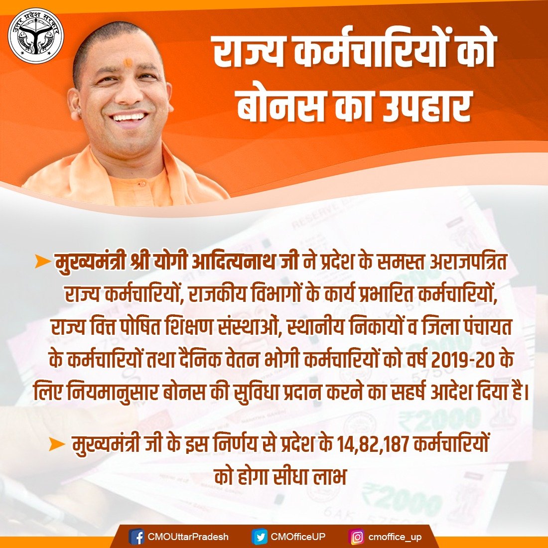 Uttar Pradesh Chief Minister Yogi Adityanath government announces Diwali bonus to 14 Lakh Employees