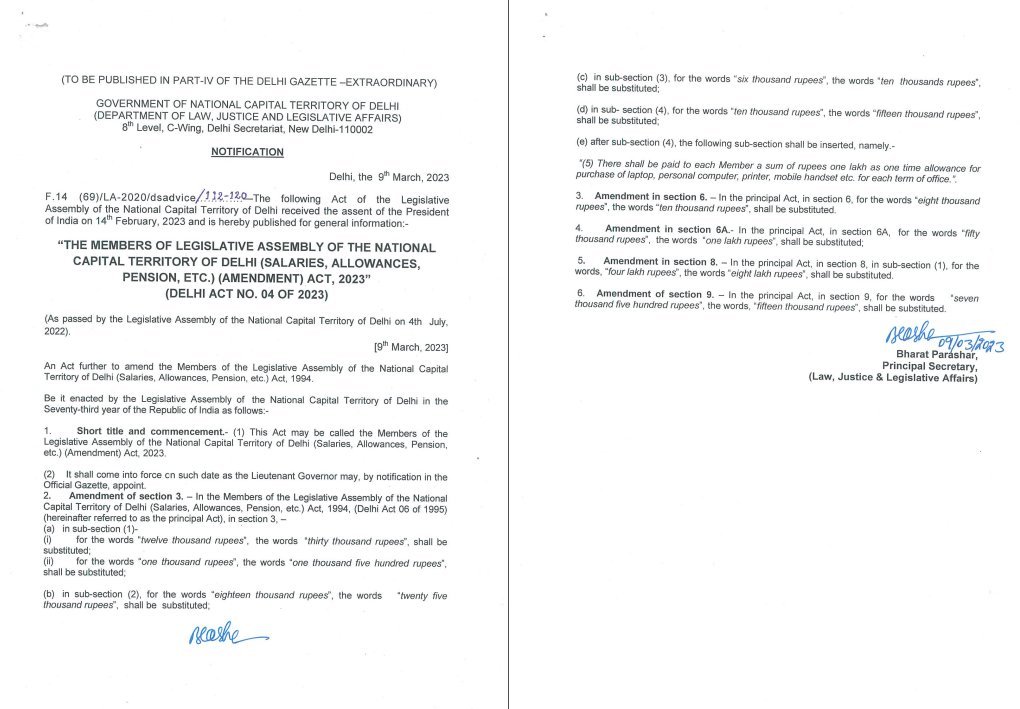 Delhi MLAs and Ministers' salaries increased by 66%