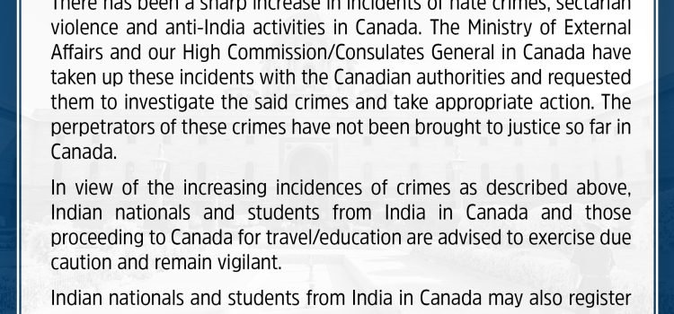 MEA Issues Advisory To Indians In Canada