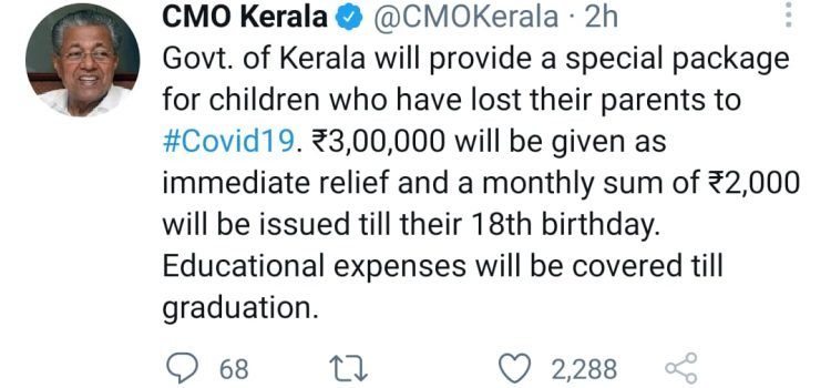 Kerala Announces Monthly Aid For Kids Orphaned Due To COVID19
